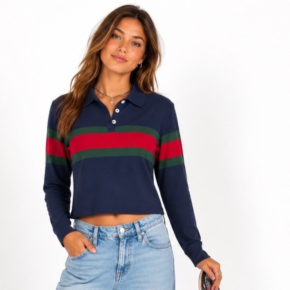 Me To We Striped Long Sleeve Polo Shirt Small Navy Blue Cropped Preppy Rugby Top